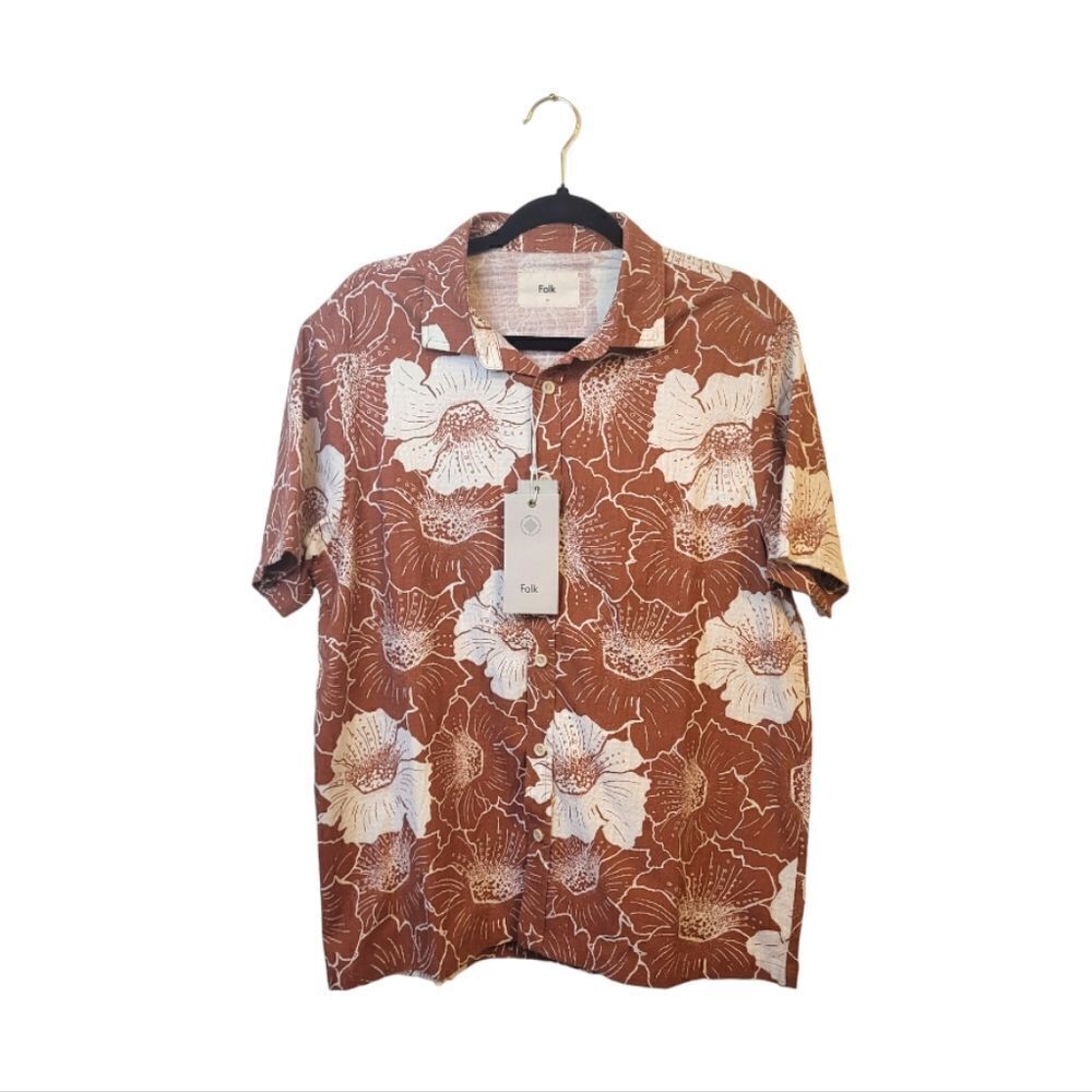 Folk Rust Floral Pattern Maui Short Sleeve Button Down Shirt